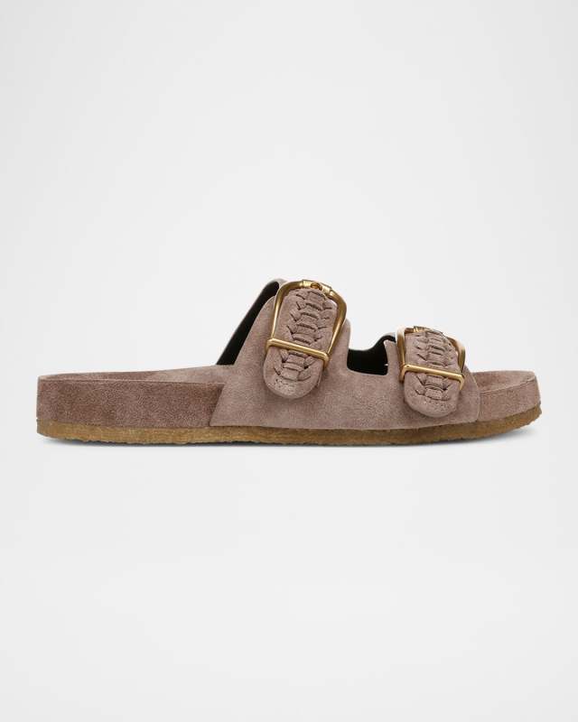 Paige Woven Suede Dual-Buckle Slide Sandals